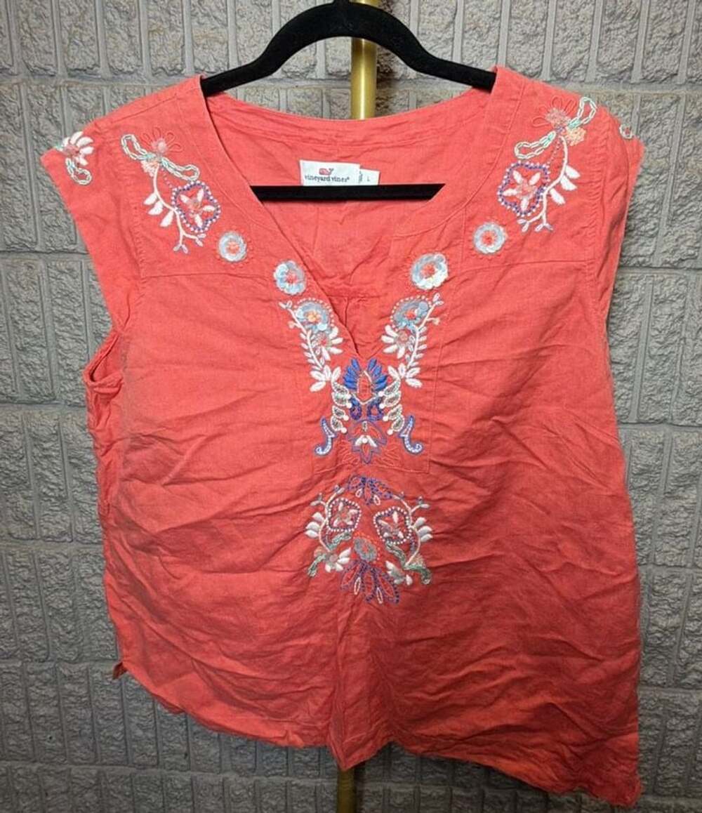 606 Whispers Women's Sleeveless Top 1X Coral Orange Floral Embroidered Boho